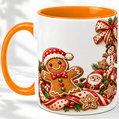 #pl[11oz|Orange] Christmas Gingerbread Accent Mug, Ceramic Cup with Holiday Cookies