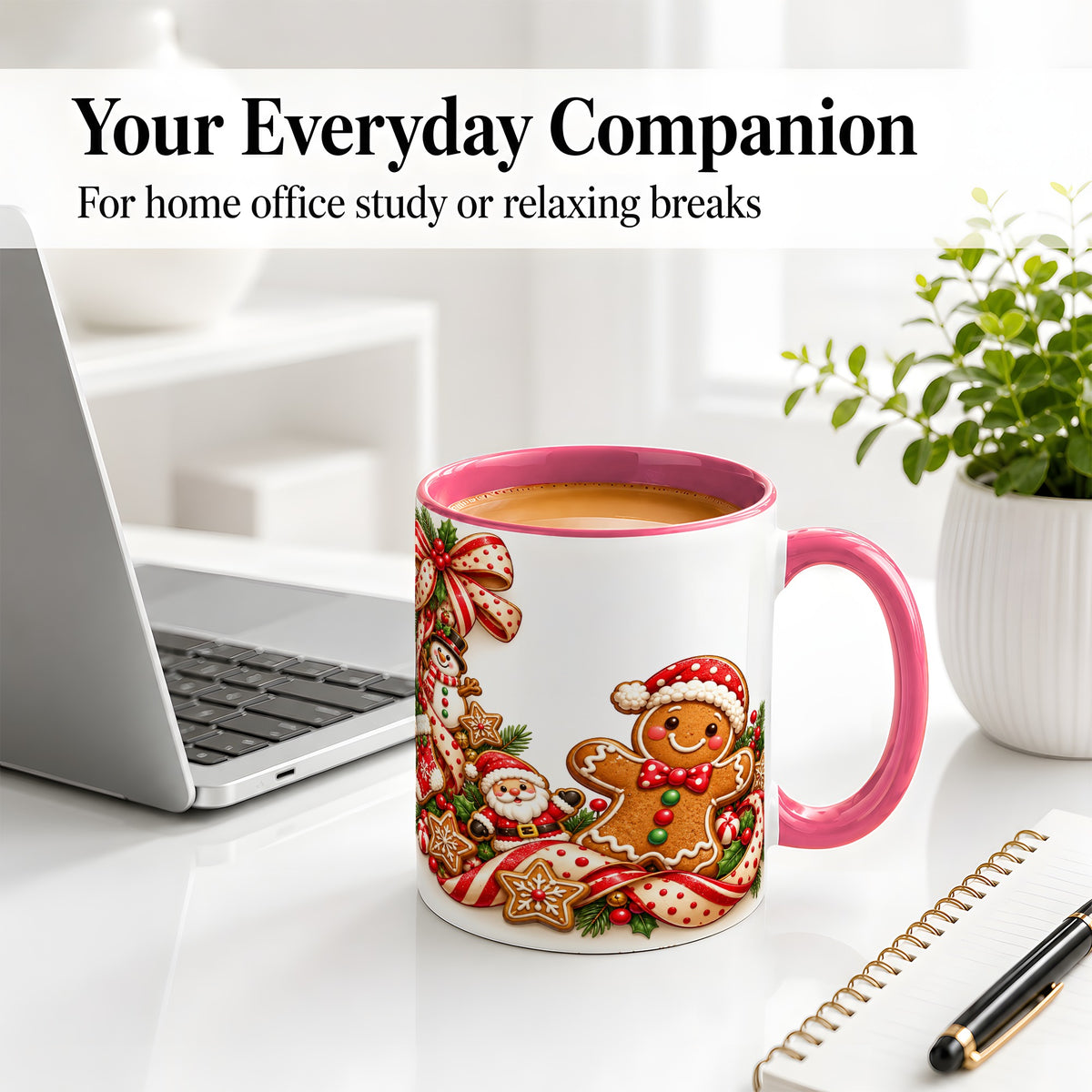 #pl[11oz|Pink] Christmas Gingerbread Accent Mug, Ceramic Cup with Holiday Cookies
