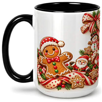 #pl[15oz|Black] Christmas Gingerbread Accent Mug, Ceramic Cup with Holiday Cookies