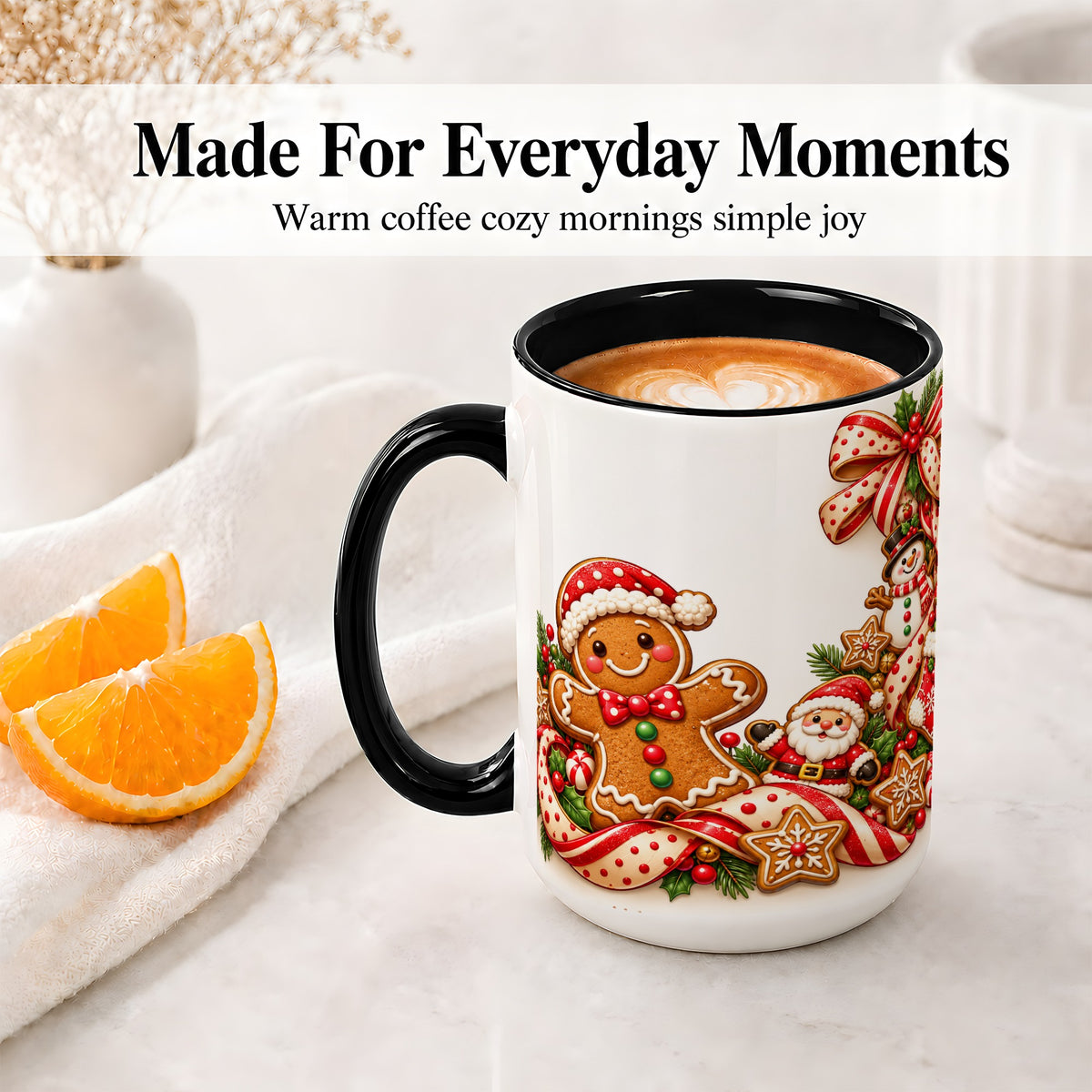 #pl[15oz|Black] Christmas Gingerbread Accent Mug, Ceramic Cup with Holiday Cookies