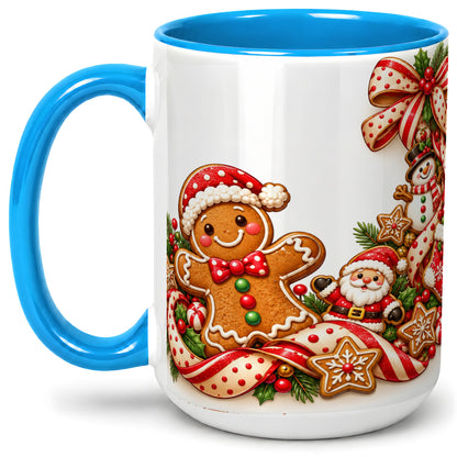 #pl[15oz|Blue] Christmas Gingerbread Accent Mug, Ceramic Cup with Holiday Cookies
