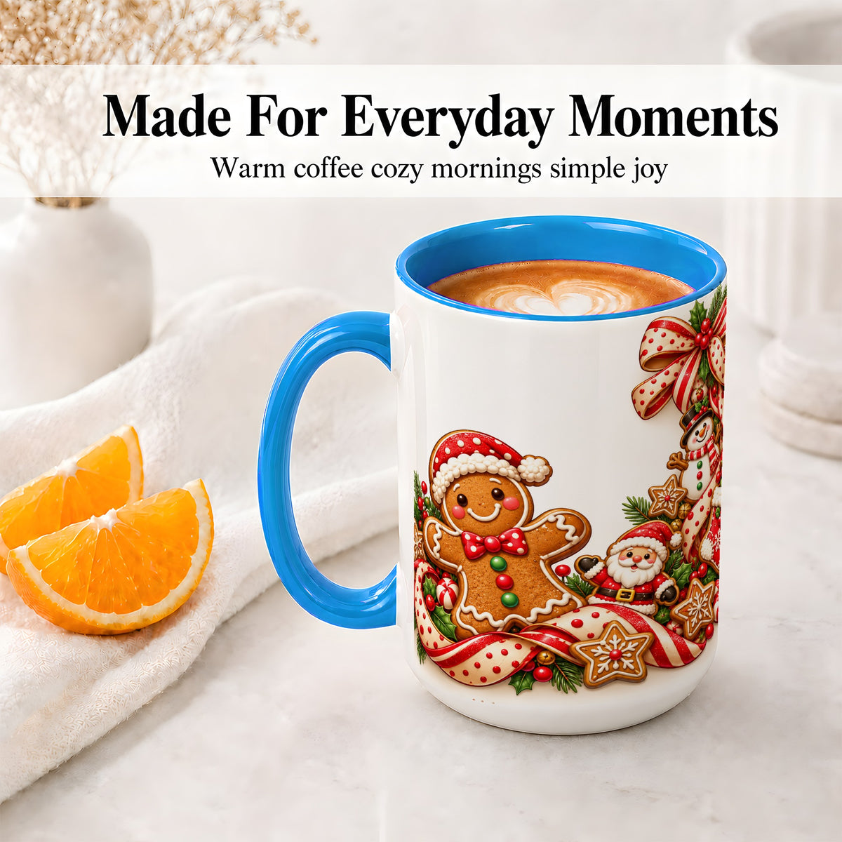 #pl[15oz|Blue] Christmas Gingerbread Accent Mug, Ceramic Cup with Holiday Cookies