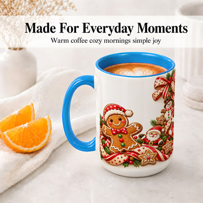 #pl[15oz|Blue] Christmas Gingerbread Accent Mug, Ceramic Cup with Holiday Cookies