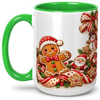 #pl[15oz|Green] Christmas Gingerbread Accent Mug, Ceramic Cup with Holiday Cookies