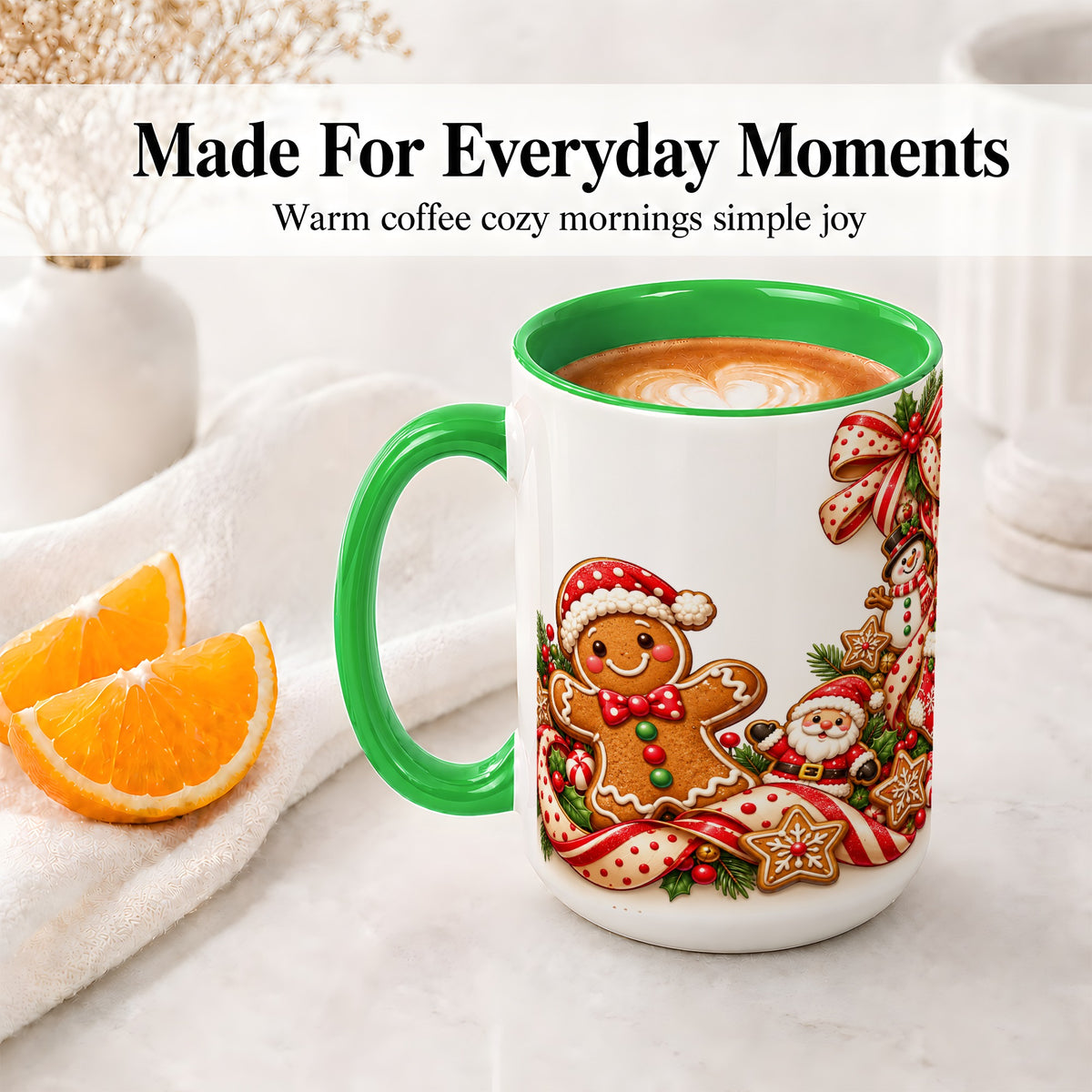 #pl[15oz|Green] Christmas Gingerbread Accent Mug, Ceramic Cup with Holiday Cookies