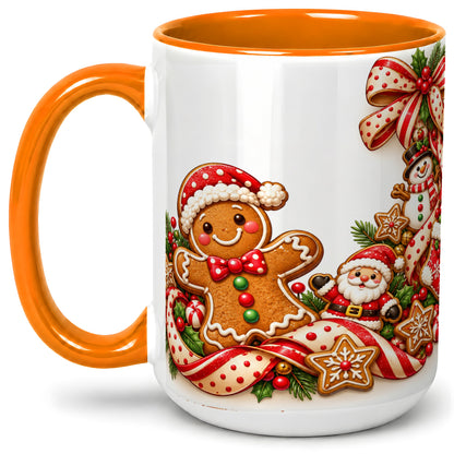 #pl[15oz|Orange] Christmas Gingerbread Accent Mug, Ceramic Cup with Holiday Cookies