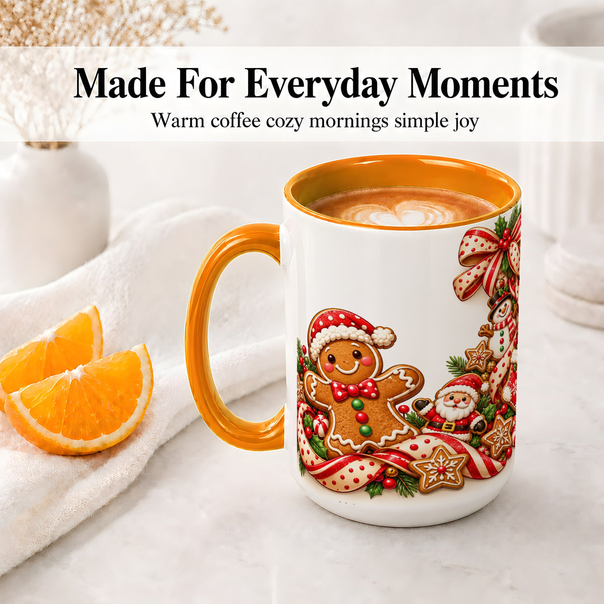 #pl[15oz|Orange] Christmas Gingerbread Accent Mug, Ceramic Cup with Holiday Cookies