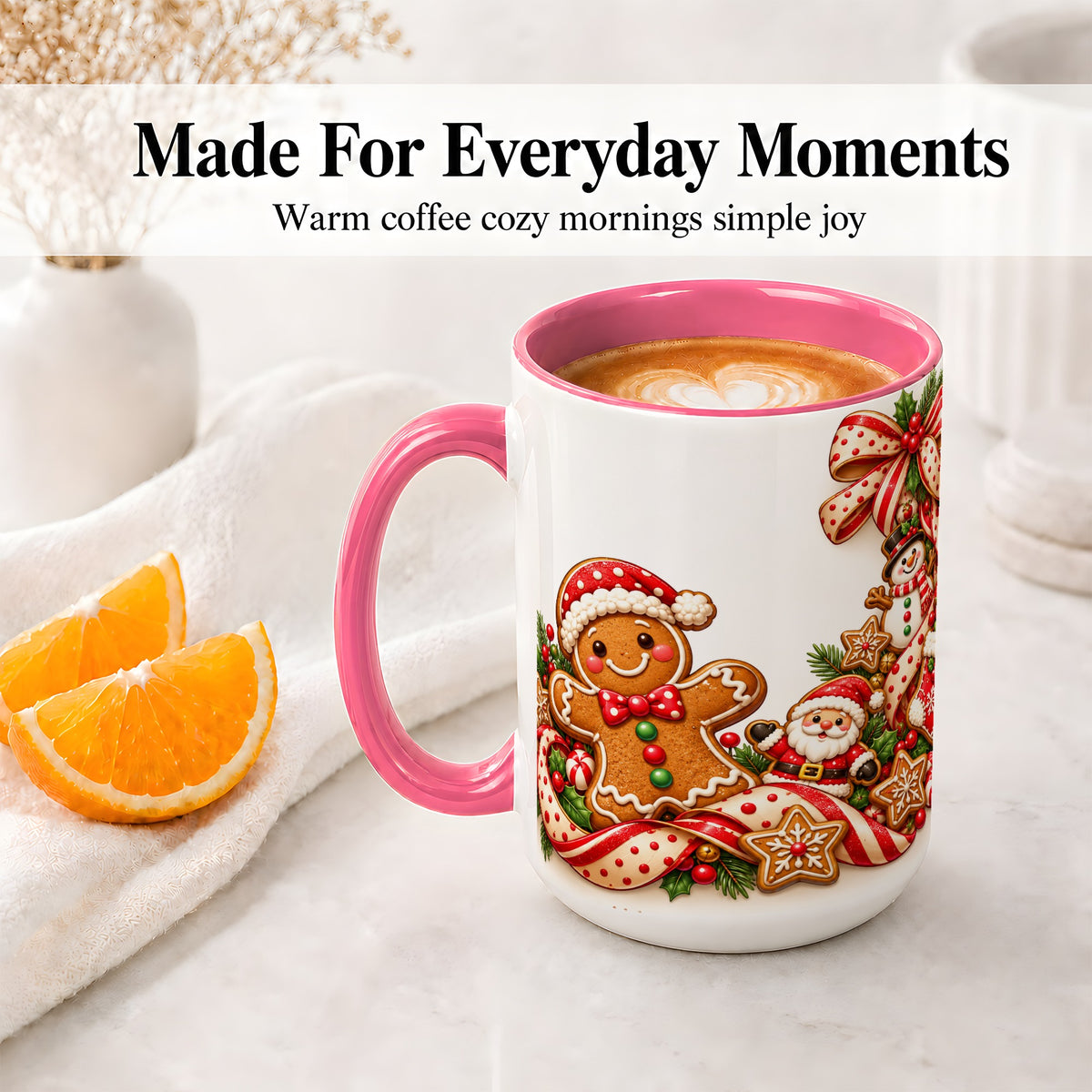 #pl[15oz|Pink] Christmas Gingerbread Accent Mug, Ceramic Cup with Holiday Cookies