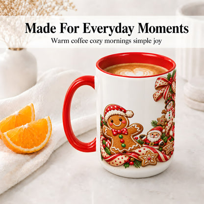 #pl[15oz|Red] Christmas Gingerbread Accent Mug, Ceramic Cup with Holiday Cookies