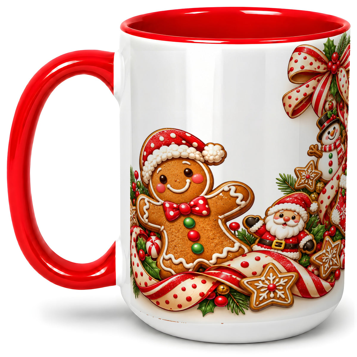 #pl[15oz|Red] Christmas Gingerbread Accent Mug, Ceramic Cup with Holiday Cookies