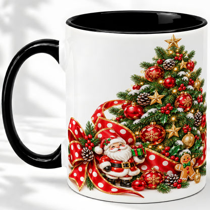 #pl[11oz|Black] Christmas Tree Accent Mug, Ceramic Cup with Santa and Gingerbread