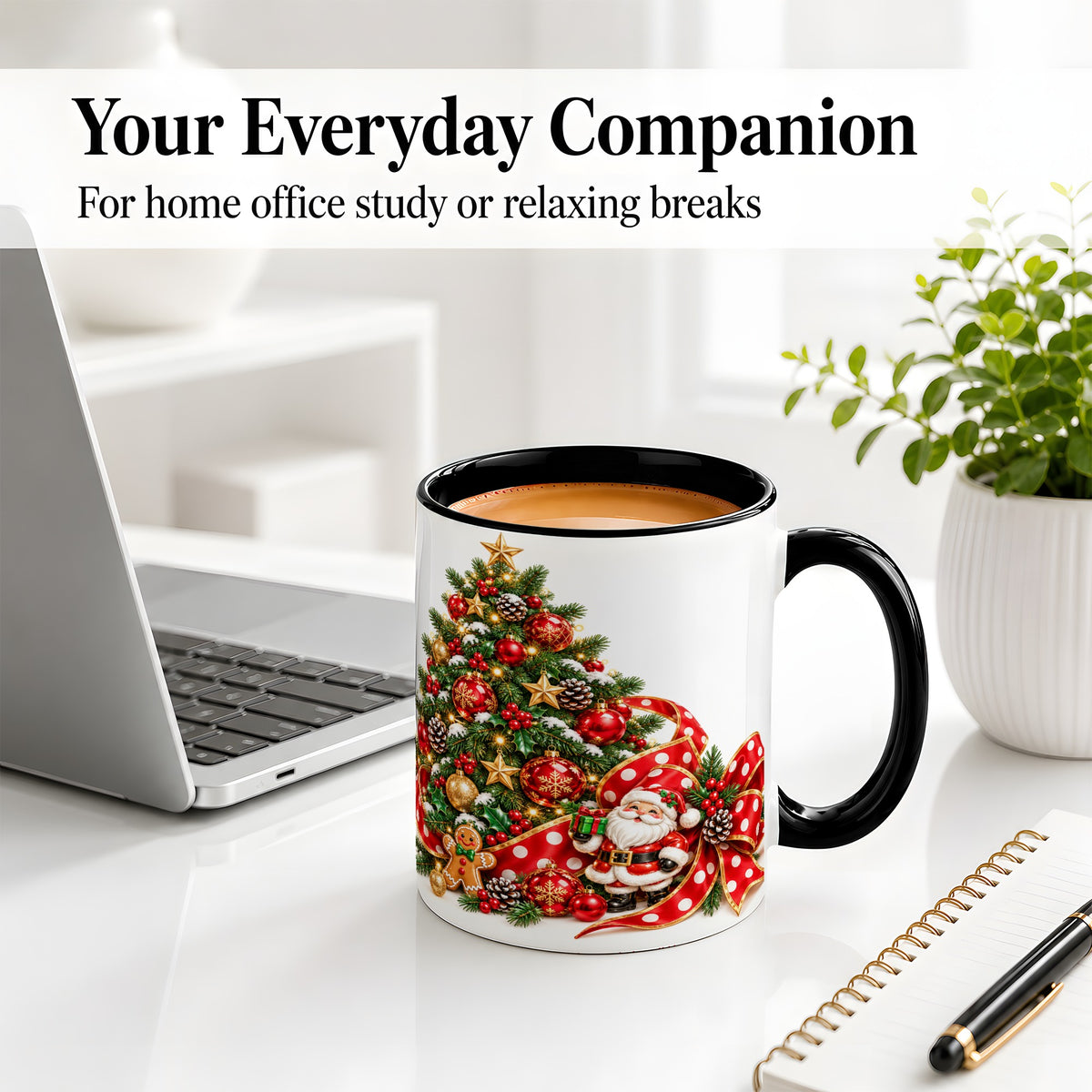 #pl[11oz|Black] Christmas Tree Accent Mug, Ceramic Cup with Santa and Gingerbread