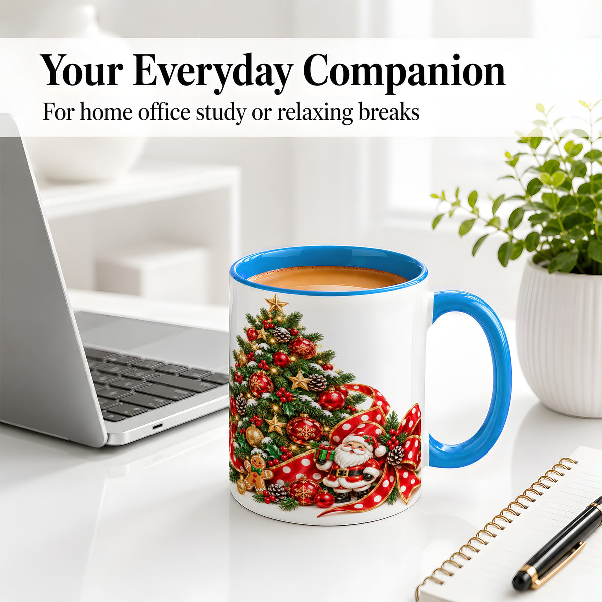 #pl[11oz|Blue] Christmas Tree Accent Mug, Ceramic Cup with Santa and Gingerbread