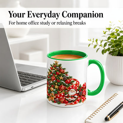#pl[11oz|Green] Christmas Tree Accent Mug, Ceramic Cup with Santa and Gingerbread