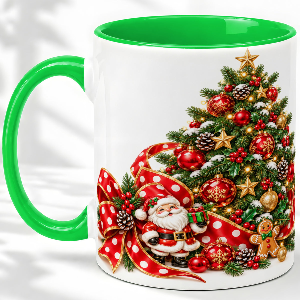 #pl[11oz|Green] Christmas Tree Accent Mug, Ceramic Cup with Santa and Gingerbread
