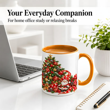 #pl[11oz|Orange] Christmas Tree Accent Mug, Ceramic Cup with Santa and Gingerbread