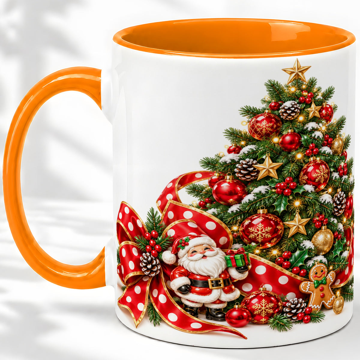 #pl[11oz|Orange] Christmas Tree Accent Mug, Ceramic Cup with Santa and Gingerbread