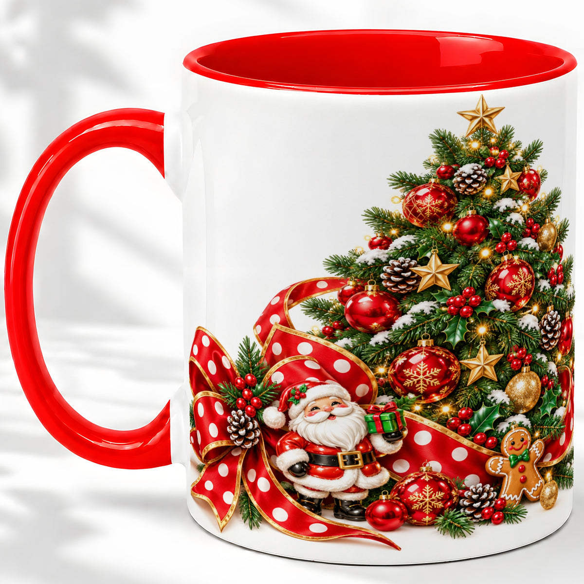 Christmas Tree Accent Mug, Ceramic Cup with Santa and Gingerbread