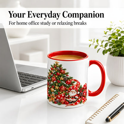 #pl[11oz|Red] Christmas Tree Accent Mug, Ceramic Cup with Santa and Gingerbread
