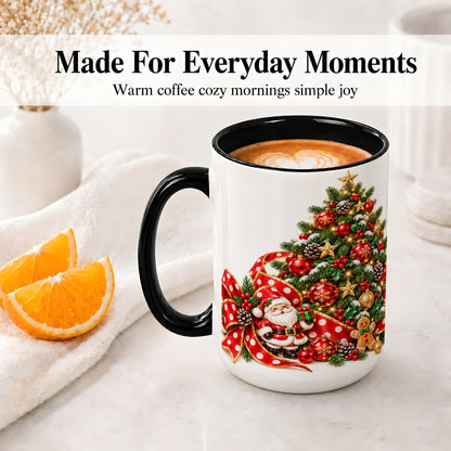 #pl[15oz|Black] Christmas Tree Accent Mug, Ceramic Cup with Santa and Gingerbread