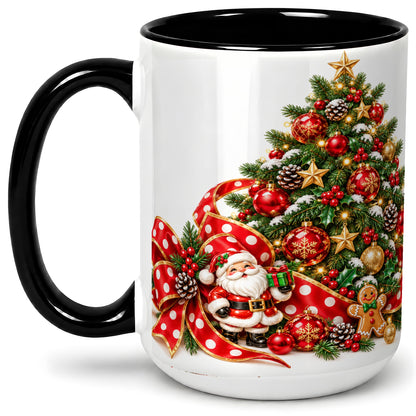 #pl[15oz|Black] Christmas Tree Accent Mug, Ceramic Cup with Santa and Gingerbread