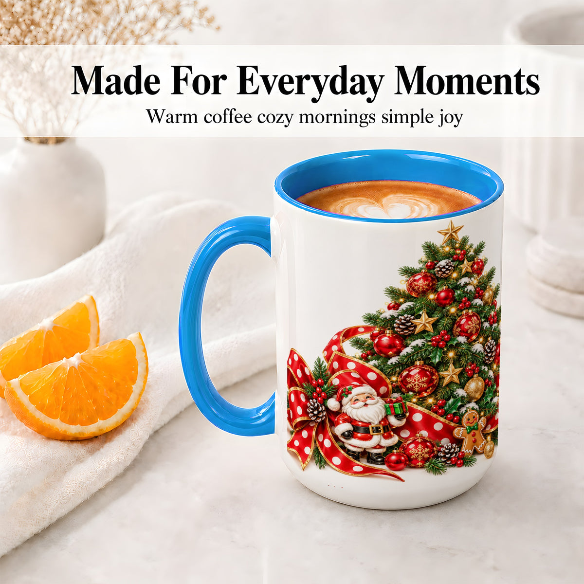 #pl[15oz|Blue] Christmas Tree Accent Mug, Ceramic Cup with Santa and Gingerbread