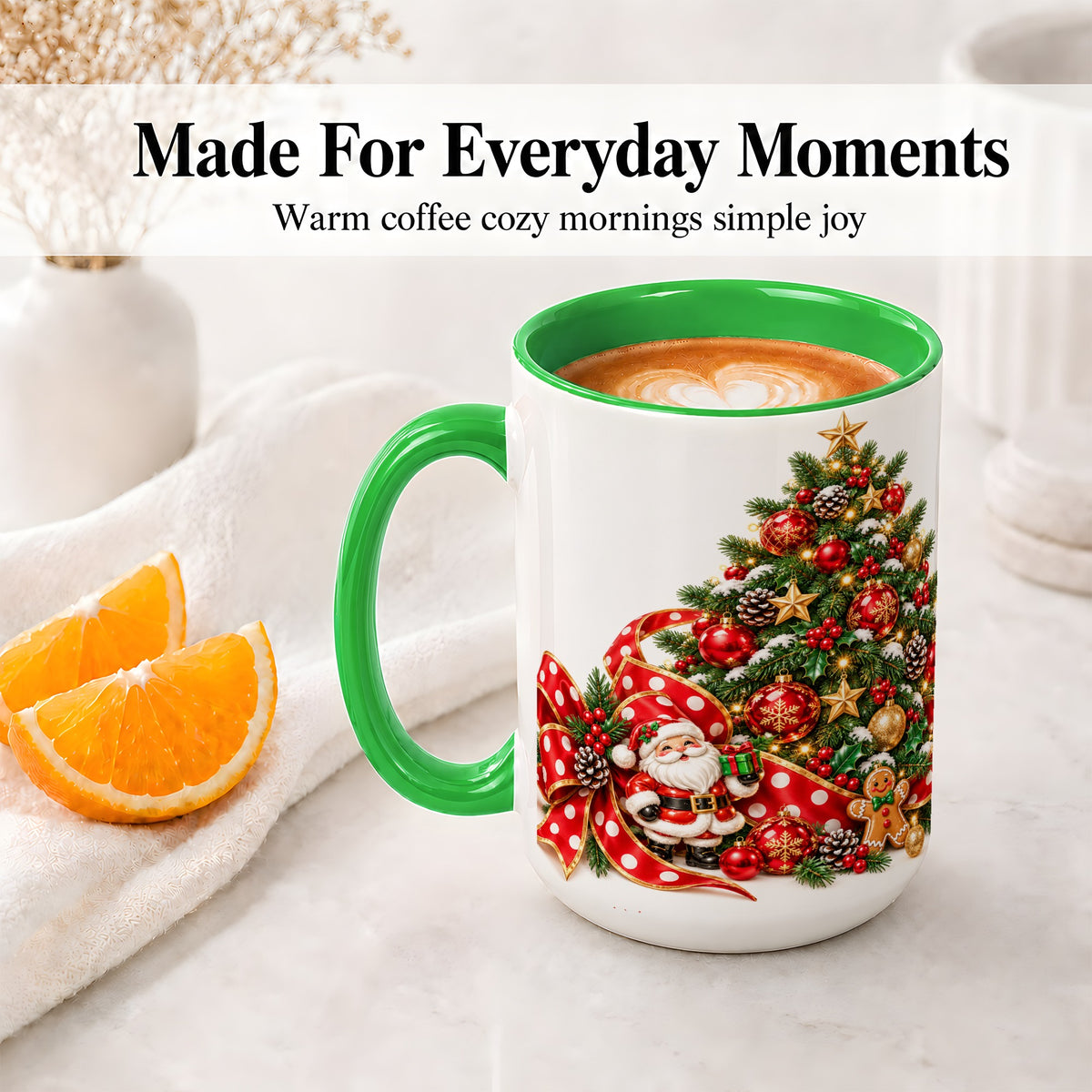 #pl[15oz|Green] Christmas Tree Accent Mug, Ceramic Cup with Santa and Gingerbread