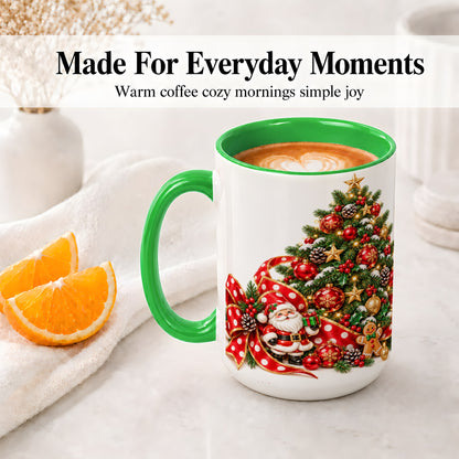#pl[15oz|Green] Christmas Tree Accent Mug, Ceramic Cup with Santa and Gingerbread