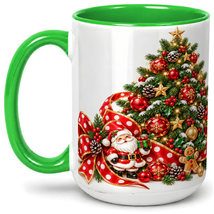 #pl[15oz|Green] Christmas Tree Accent Mug, Ceramic Cup with Santa and Gingerbread