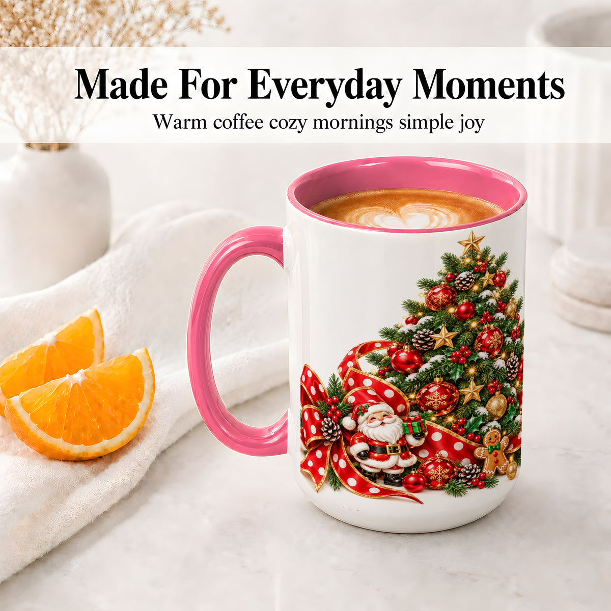 #pl[15oz|Pink] Christmas Tree Accent Mug, Ceramic Cup with Santa and Gingerbread