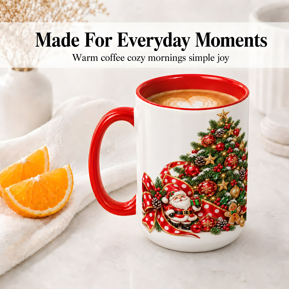 #pl[15oz|Red] Christmas Tree Accent Mug, Ceramic Cup with Santa and Gingerbread