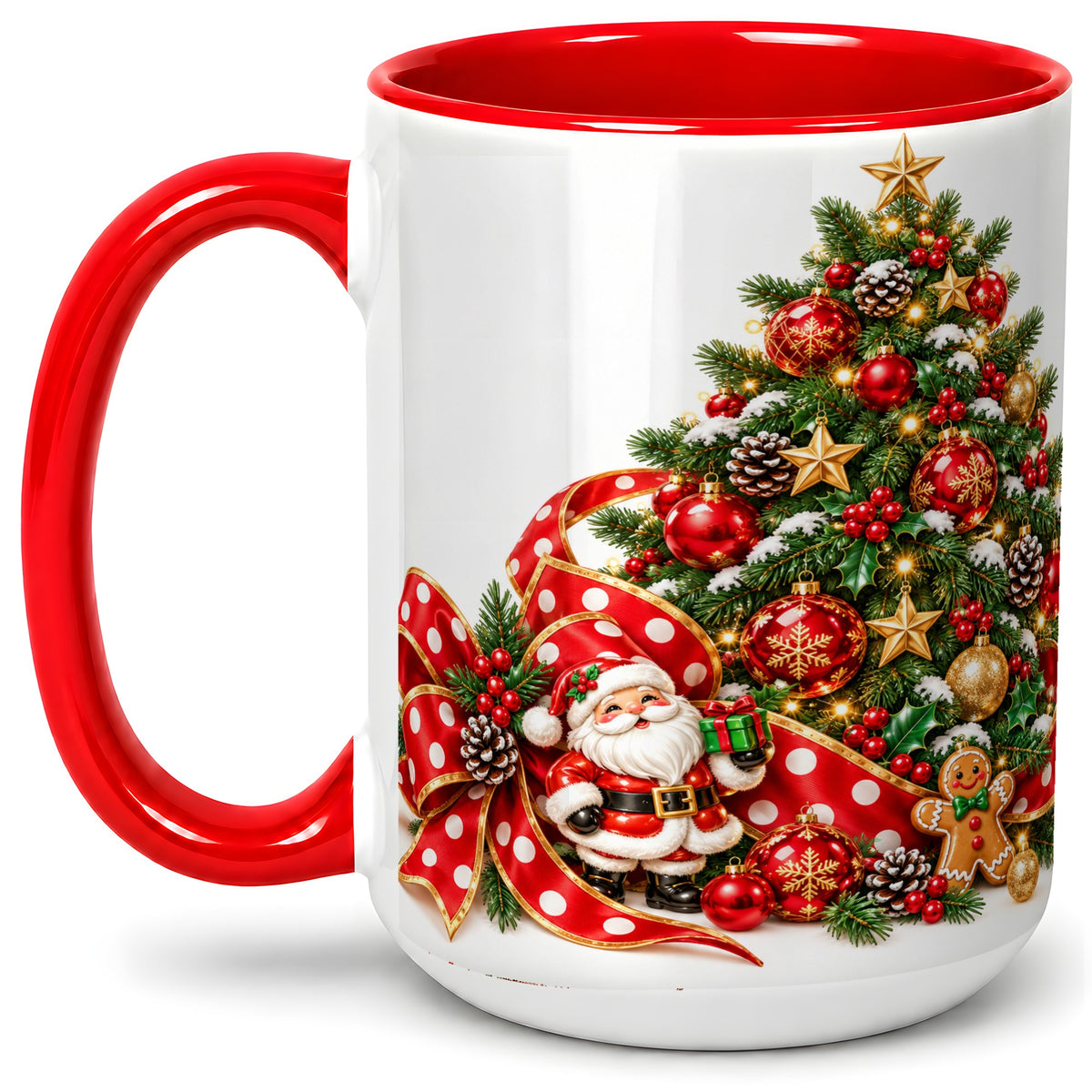#pl[15oz|Red] Christmas Tree Accent Mug, Ceramic Cup with Santa and Gingerbread