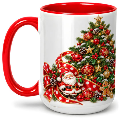 #pl[15oz|Red] Christmas Tree Accent Mug, Ceramic Cup with Santa and Gingerbread