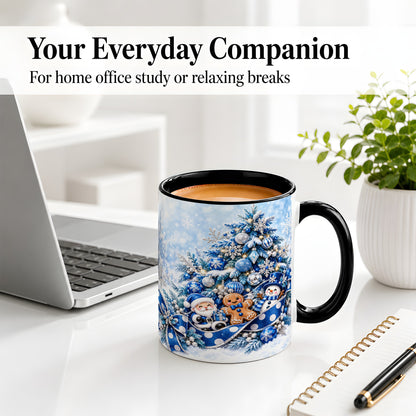 #pl[11oz|Black] Blue Christmas Tree Accent Mug, Ceramic Cup with Winter Snowman