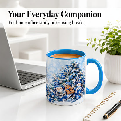 #pl[11oz|Blue] Blue Christmas Tree Accent Mug, Ceramic Cup with Winter Snowman