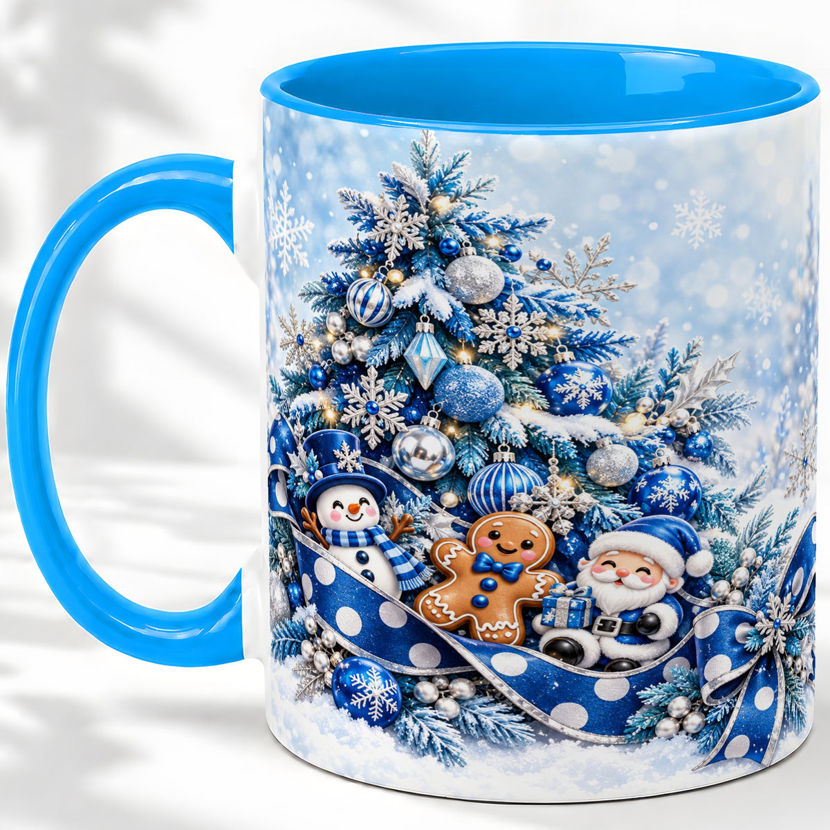 #pl[11oz|Blue] Blue Christmas Tree Accent Mug, Ceramic Cup with Winter Snowman