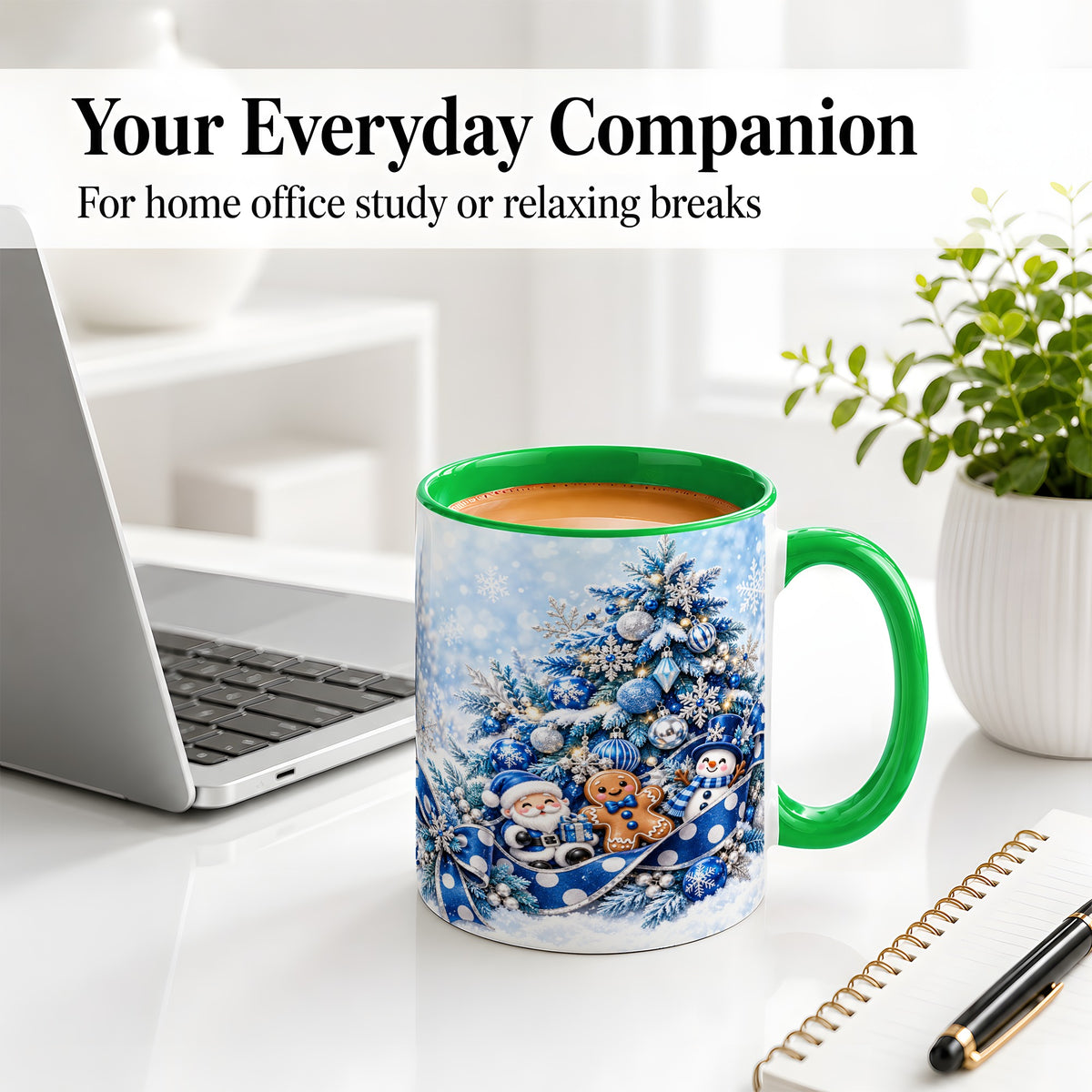 #pl[11oz|Green] Blue Christmas Tree Accent Mug, Ceramic Cup with Winter Snowman