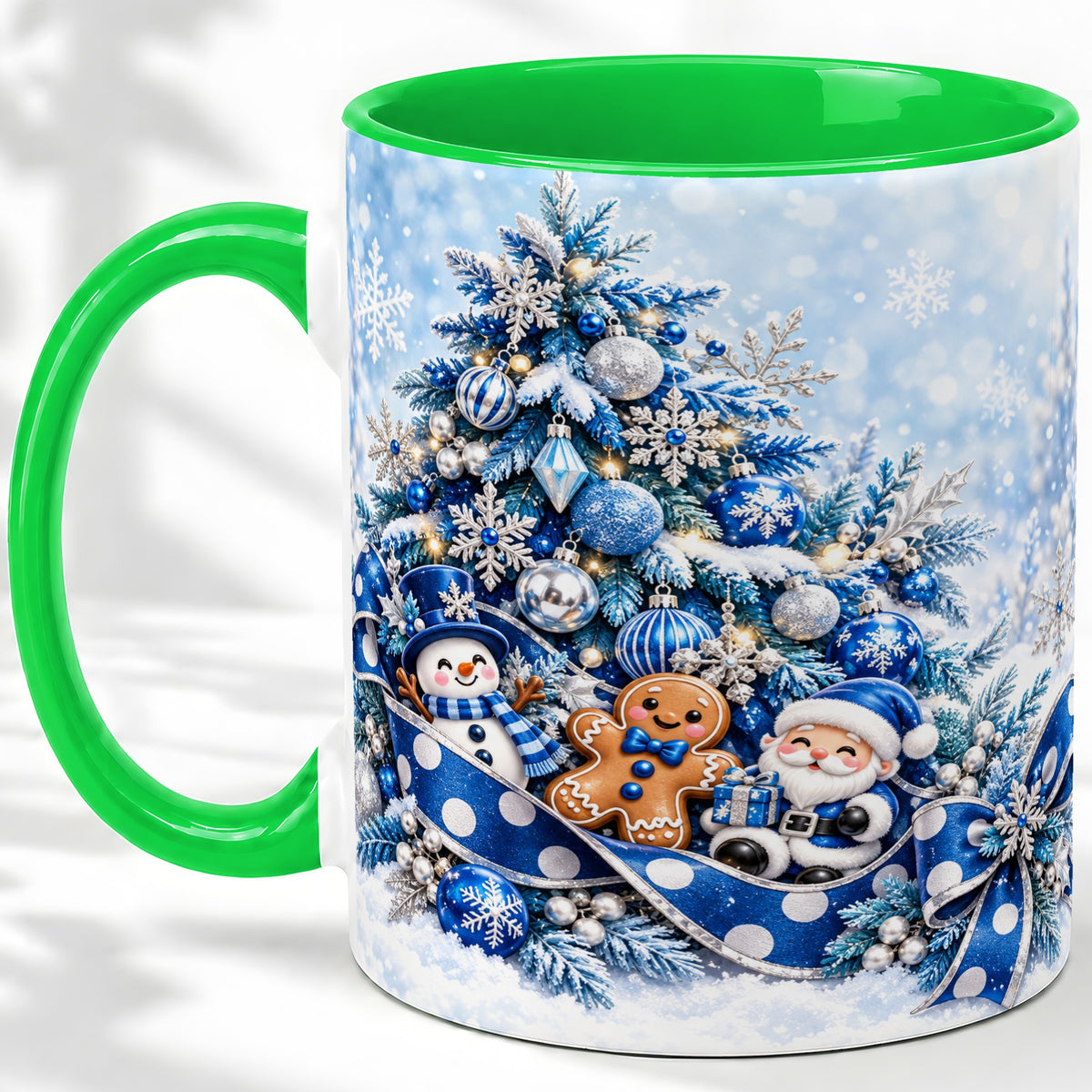 #pl[11oz|Green] Blue Christmas Tree Accent Mug, Ceramic Cup with Winter Snowman