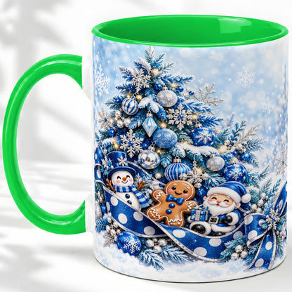 #pl[11oz|Green] Blue Christmas Tree Accent Mug, Ceramic Cup with Winter Snowman