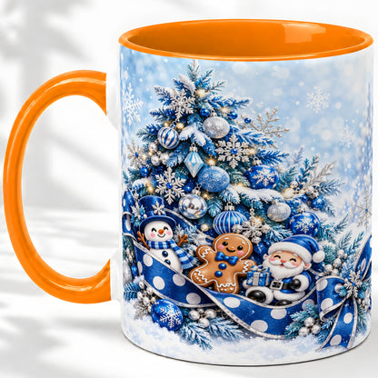 #pl[11oz|Orange] Blue Christmas Tree Accent Mug, Ceramic Cup with Winter Snowman
