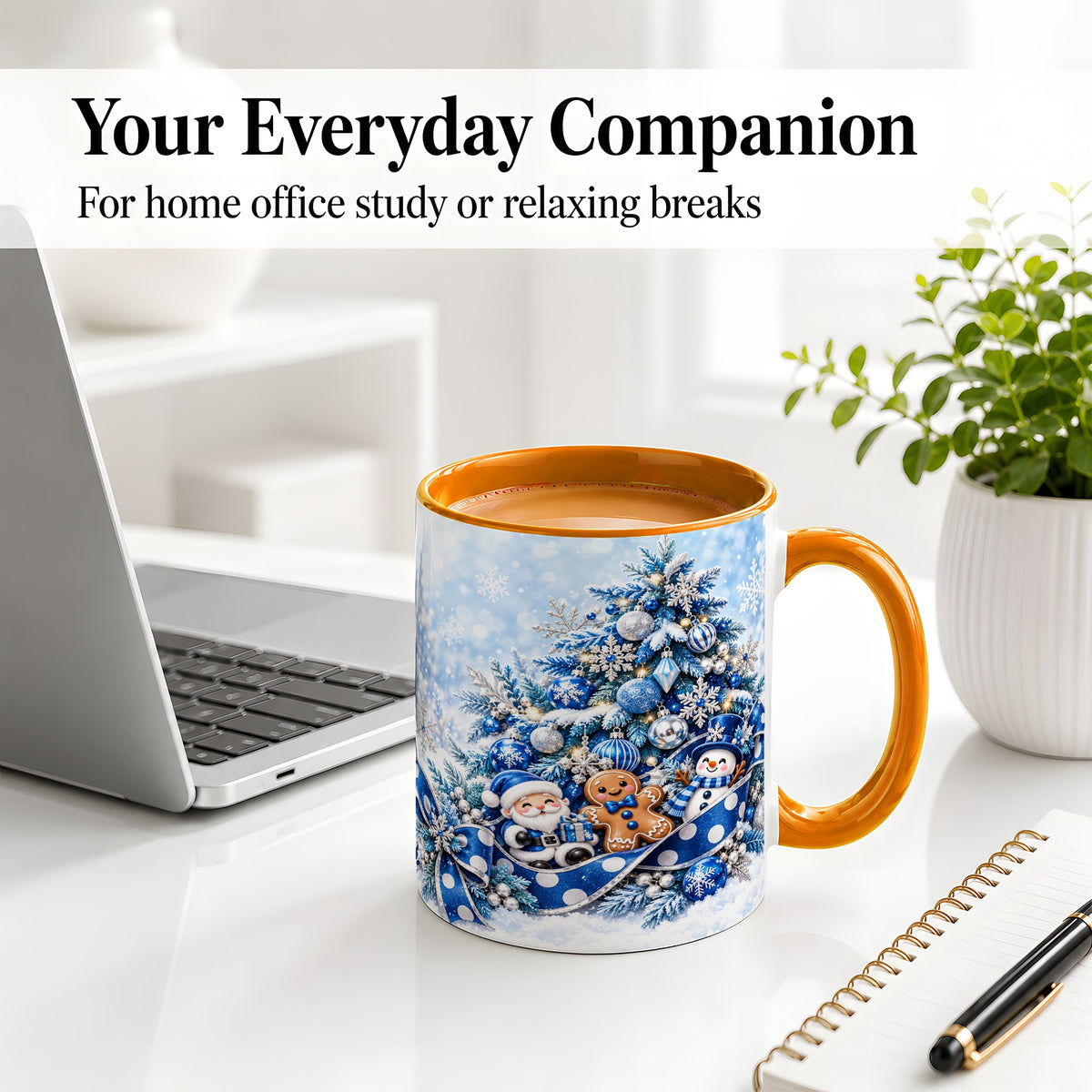 #pl[11oz|Orange] Blue Christmas Tree Accent Mug, Ceramic Cup with Winter Snowman