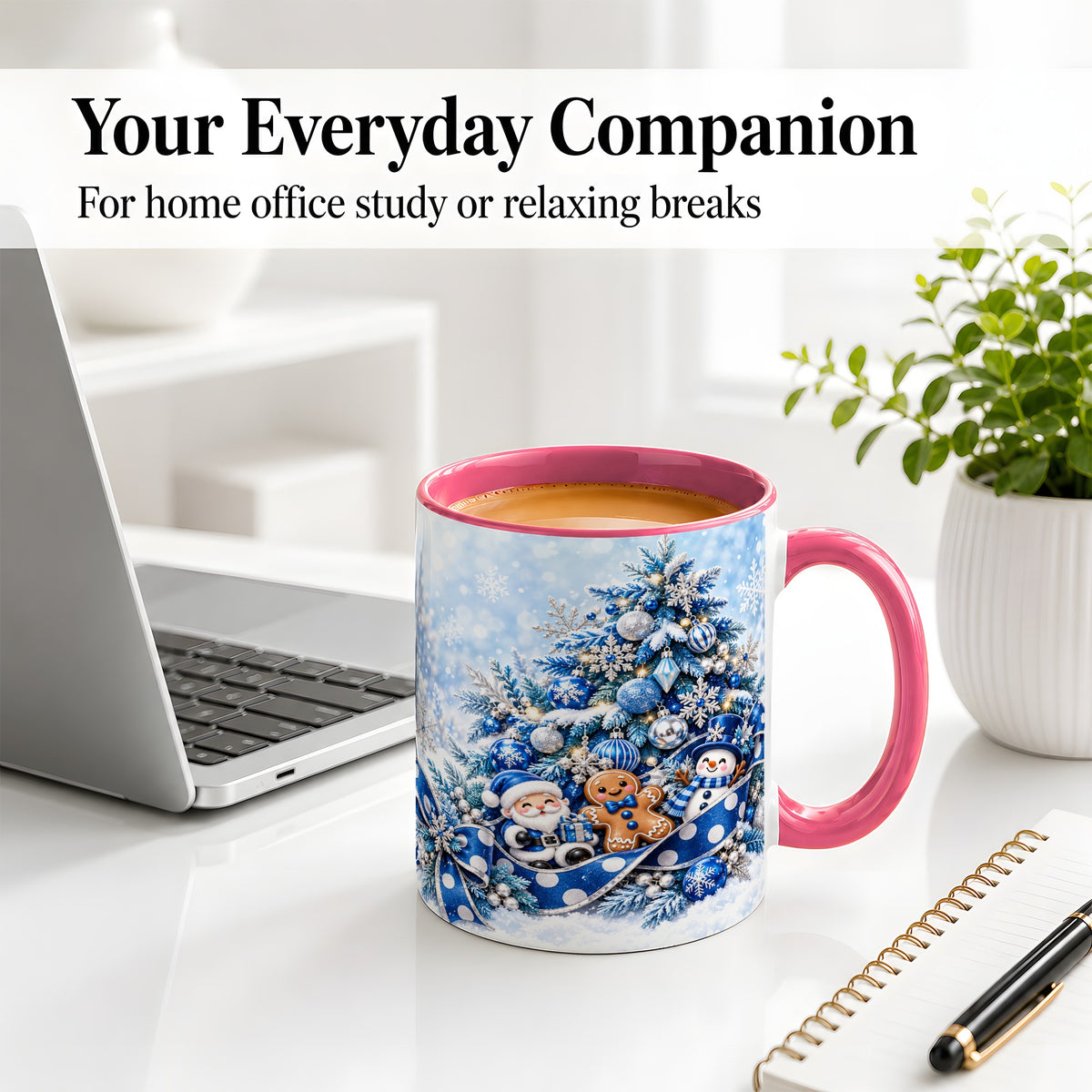 #pl[11oz|Pink] Blue Christmas Tree Accent Mug, Ceramic Cup with Winter Snowman