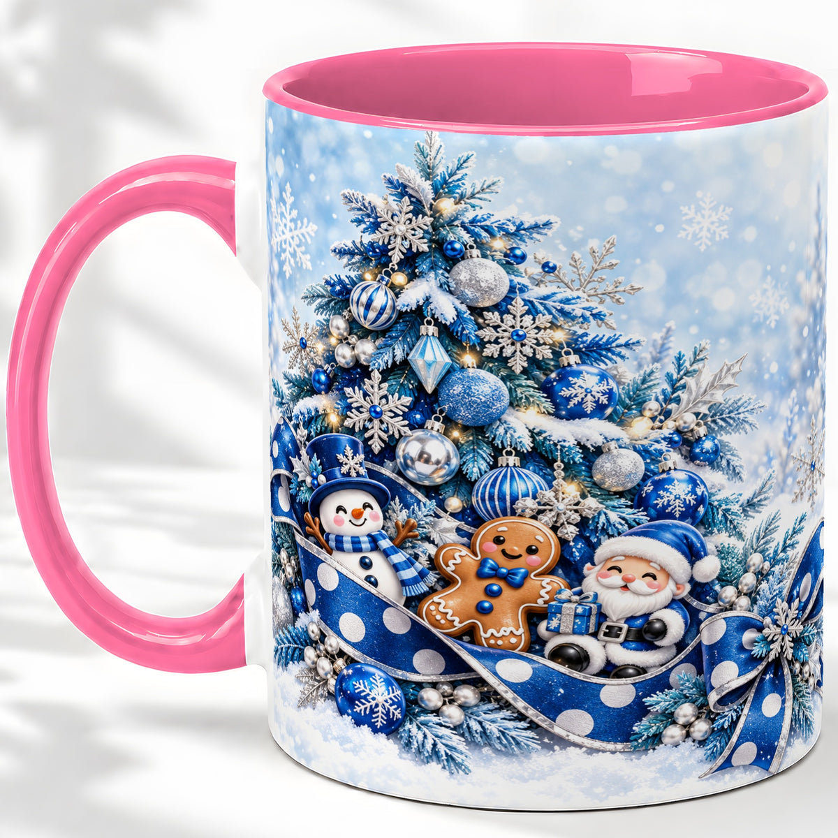 #pl[11oz|Pink] Blue Christmas Tree Accent Mug, Ceramic Cup with Winter Snowman