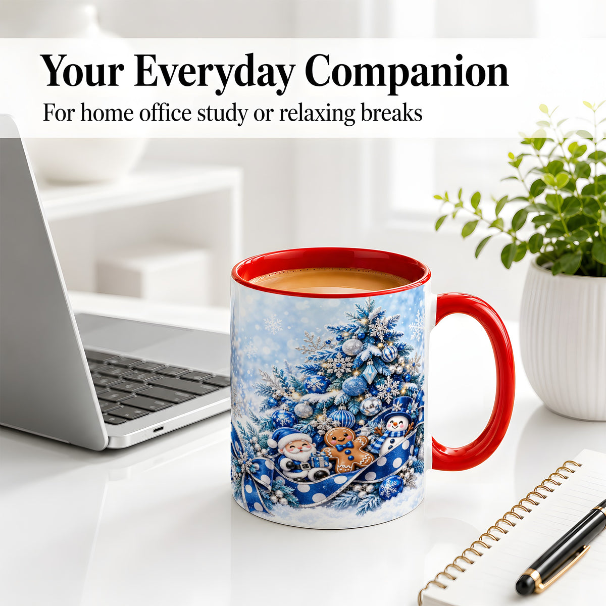 #pl[11oz|Red] Blue Christmas Tree Accent Mug, Ceramic Cup with Winter Snowman