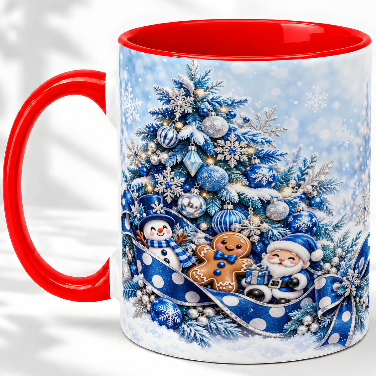 Blue Christmas Tree Accent Mug, Ceramic Cup with Winter Snowman
