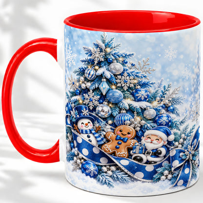 Blue Christmas Tree Accent Mug, Ceramic Cup with Winter Snowman
