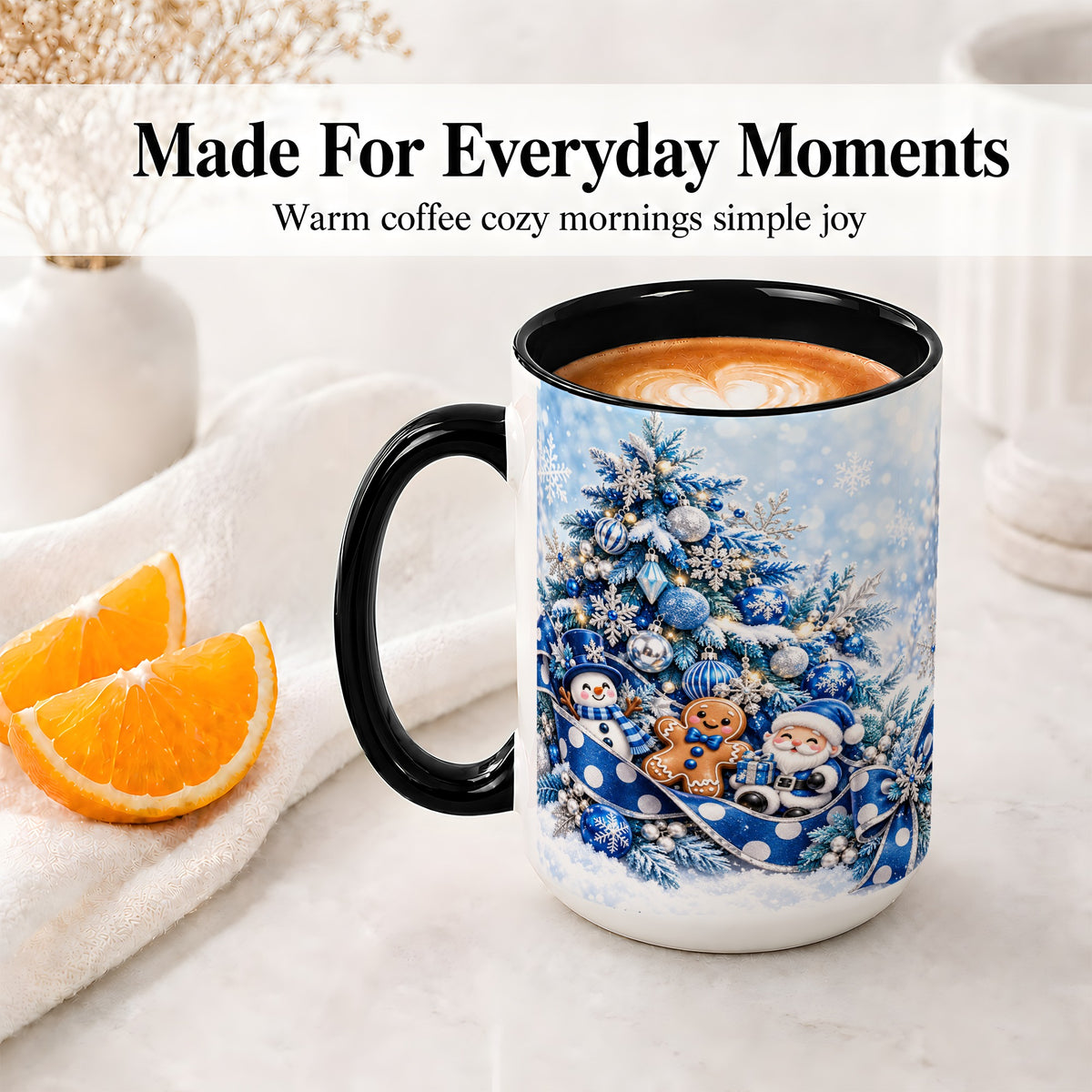 #pl[15oz|Black] Blue Christmas Tree Accent Mug, Ceramic Cup with Winter Snowman