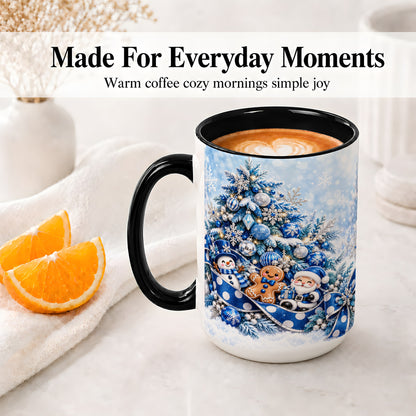 #pl[15oz|Black] Blue Christmas Tree Accent Mug, Ceramic Cup with Winter Snowman