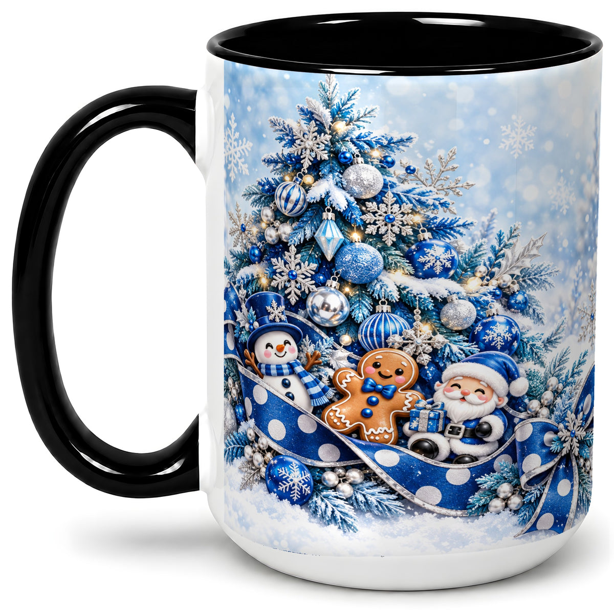 #pl[15oz|Black] Blue Christmas Tree Accent Mug, Ceramic Cup with Winter Snowman