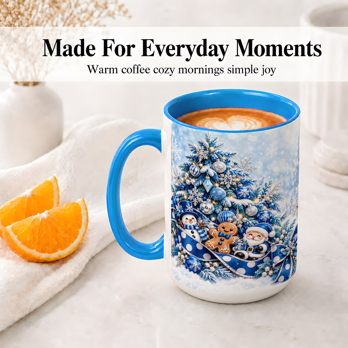 #pl[15oz|Blue] Blue Christmas Tree Accent Mug, Ceramic Cup with Winter Snowman